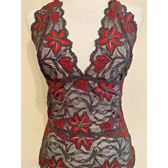 Fredericks of Hollywood Lace Halter Top Y2K Black & Red Floral Size M - Picture 2 of 4